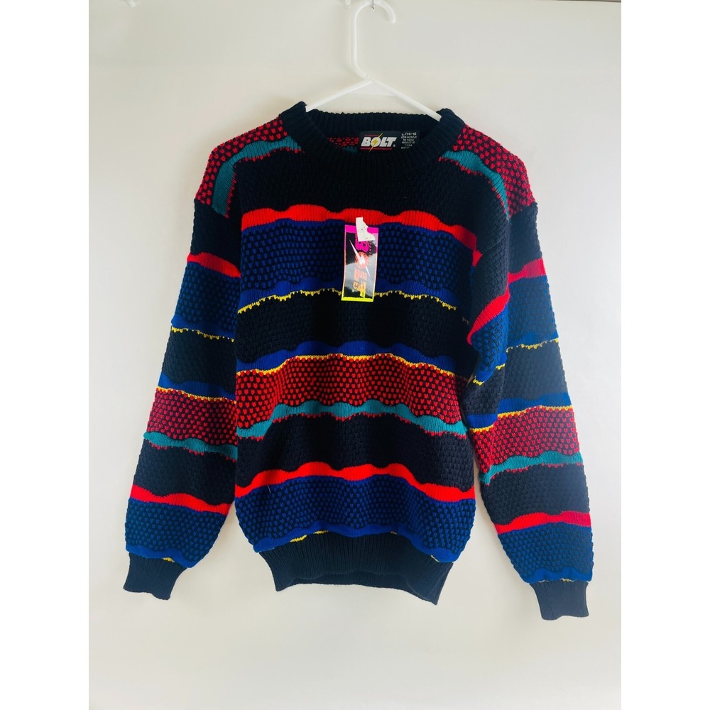 Bolt Sweater Boy's Size Large Black Multicolor Striped Knitted Crew Neck NWT
